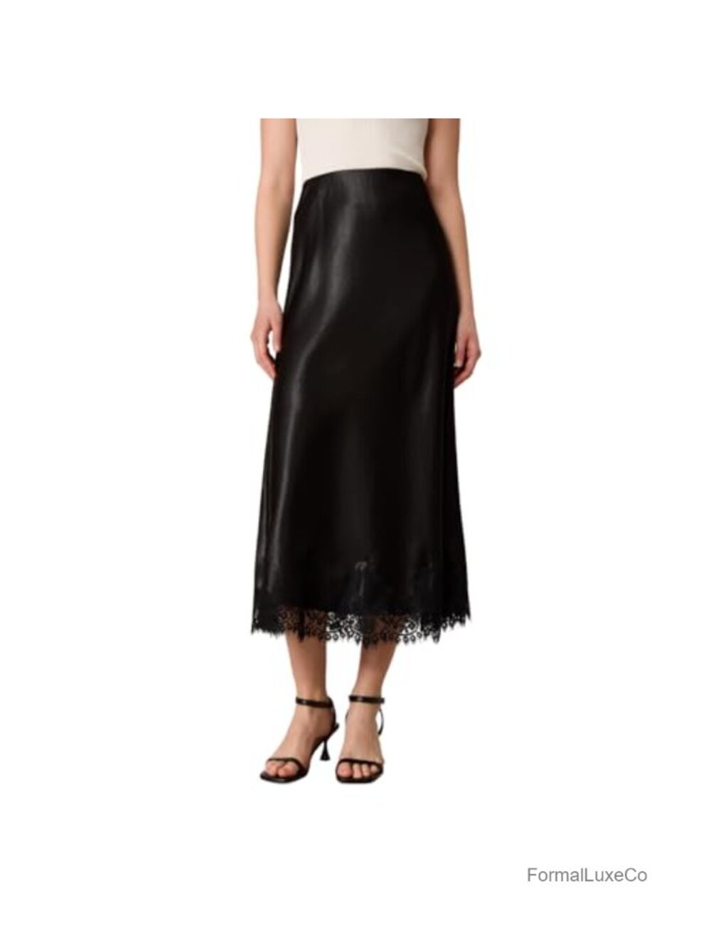 Satin Midi Slip Skirt with Lace Hem, High Waist A-Line Silky Skirt for Work,